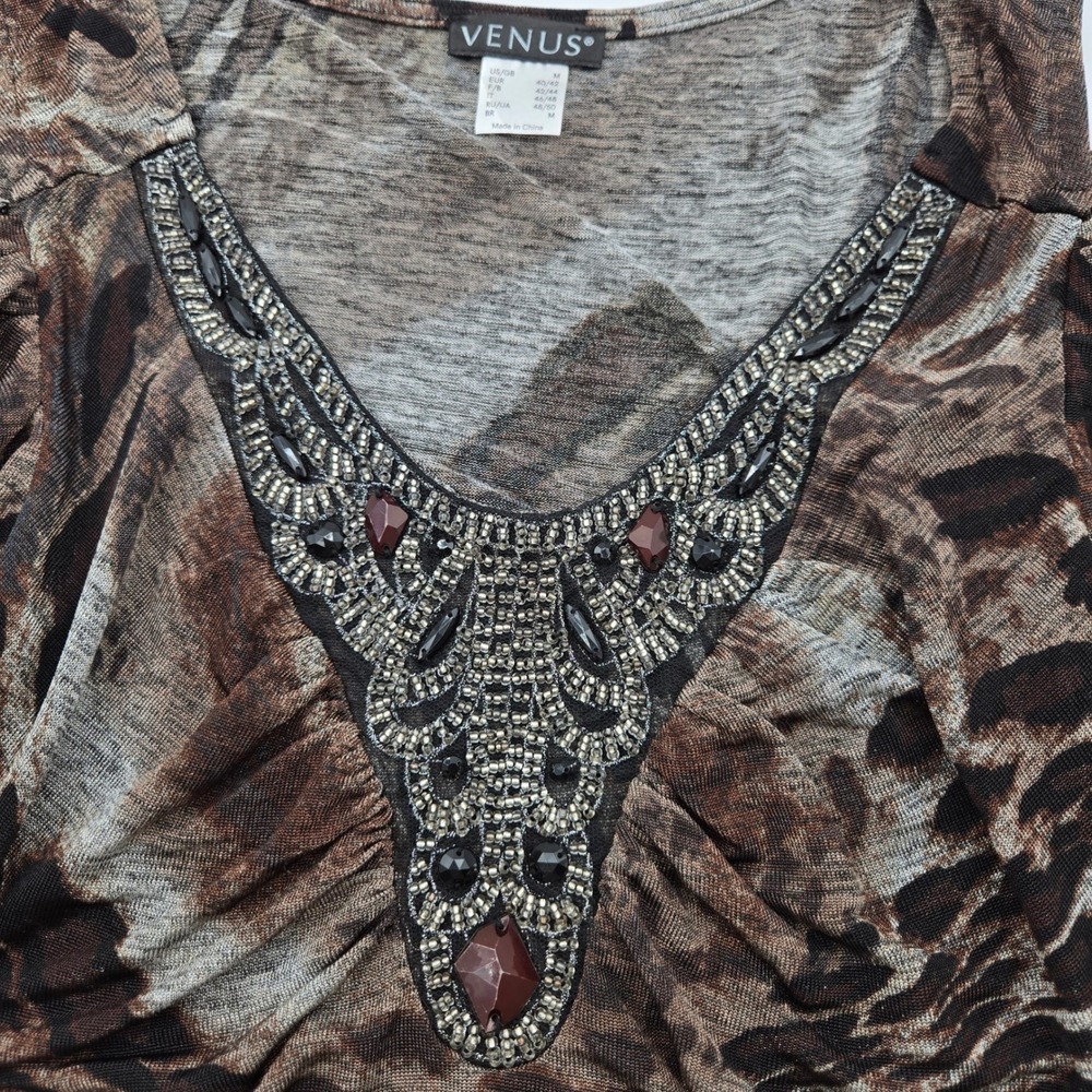 Venus Women's Leopard Print Cold Shoulder Beaded Neckline Long Sleeve Top M Glam - Picture 3 of 10